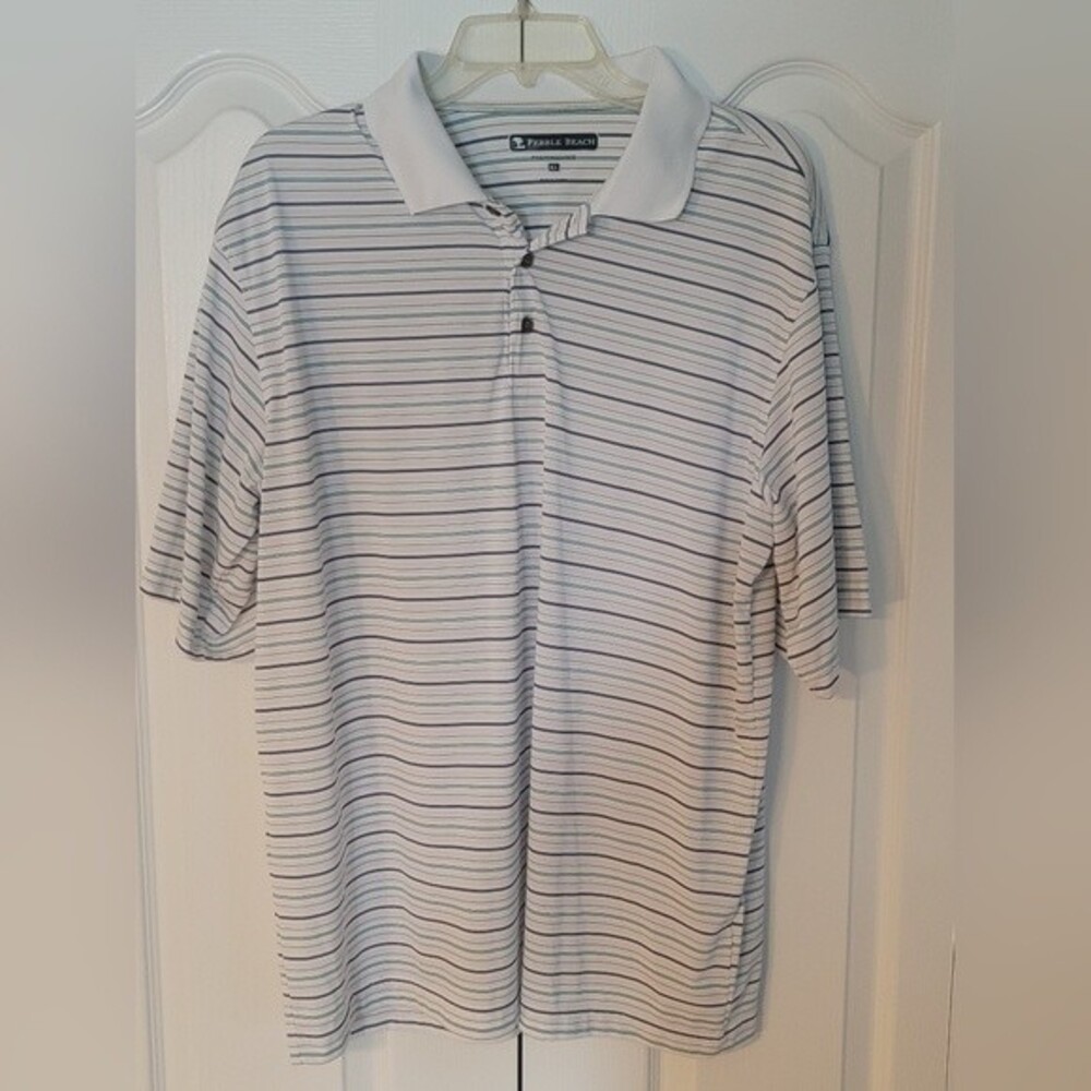Pebble Beach Performance White Blue Stripe Golf Shirt Size XL